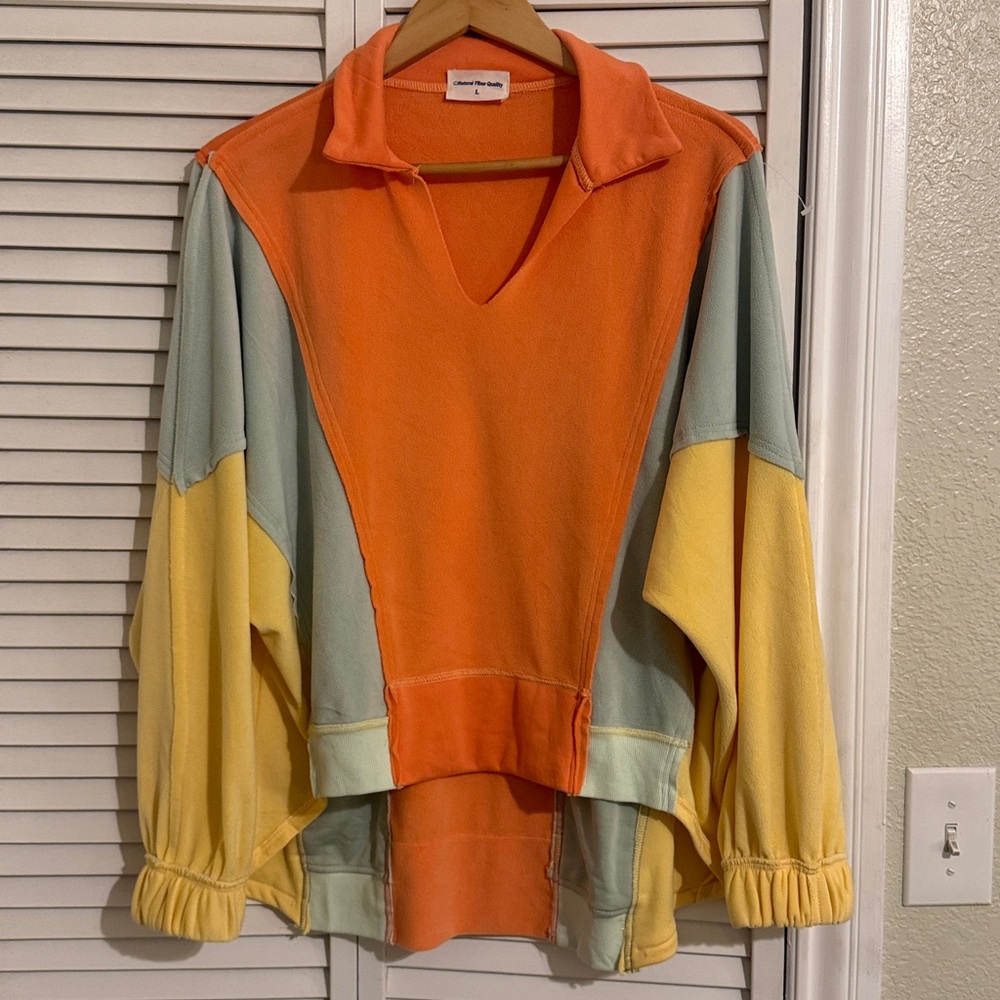 Colorblock Patchwork Sweatshirt Pullover V-neck T… - image 2